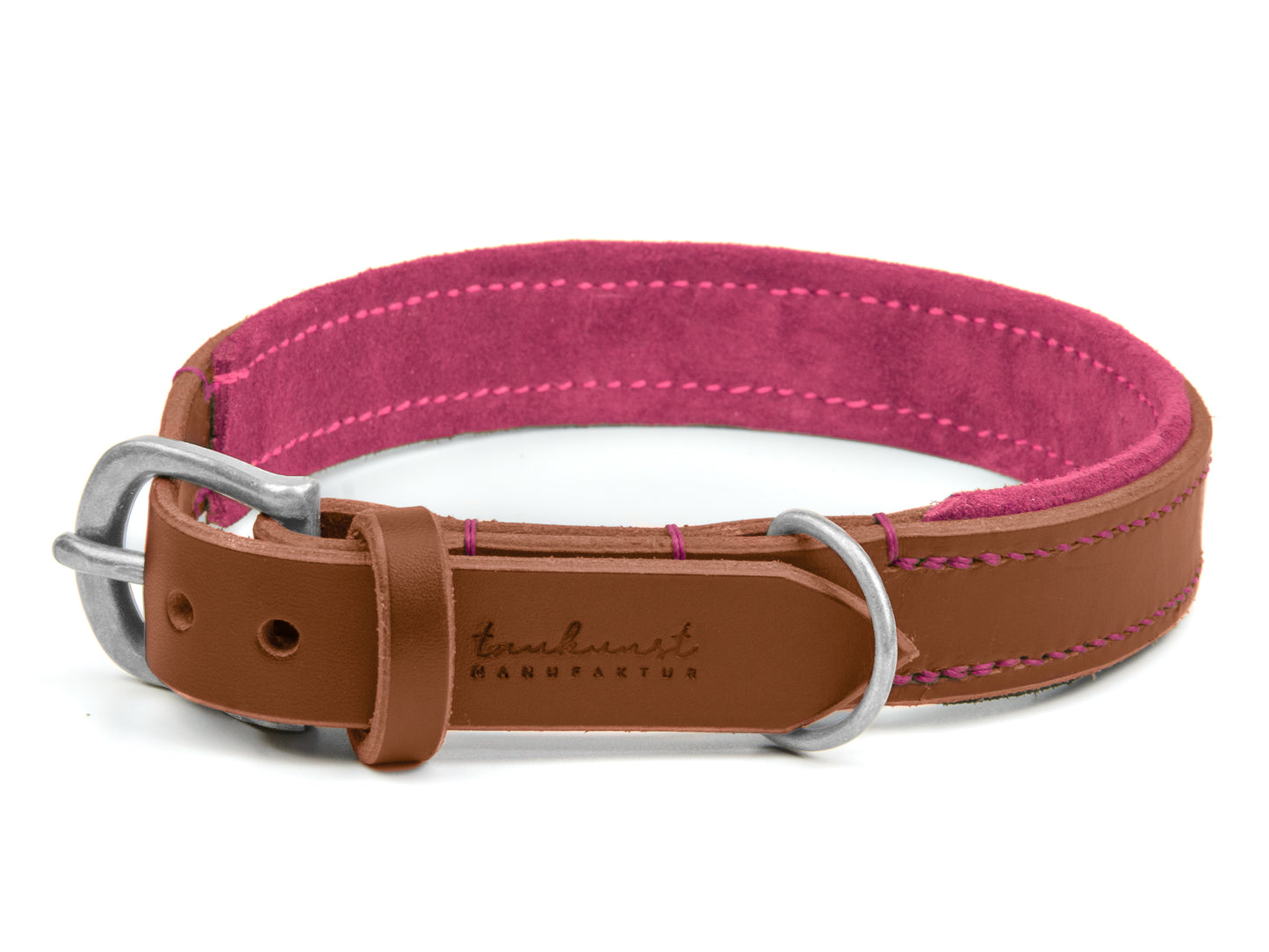 Lederhalsband Bella für Hunde in Braun mit Sattlernaht Pink Silber Lederhalsband Bella für Hunde in Braun mit Sattlernaht Pink Silber