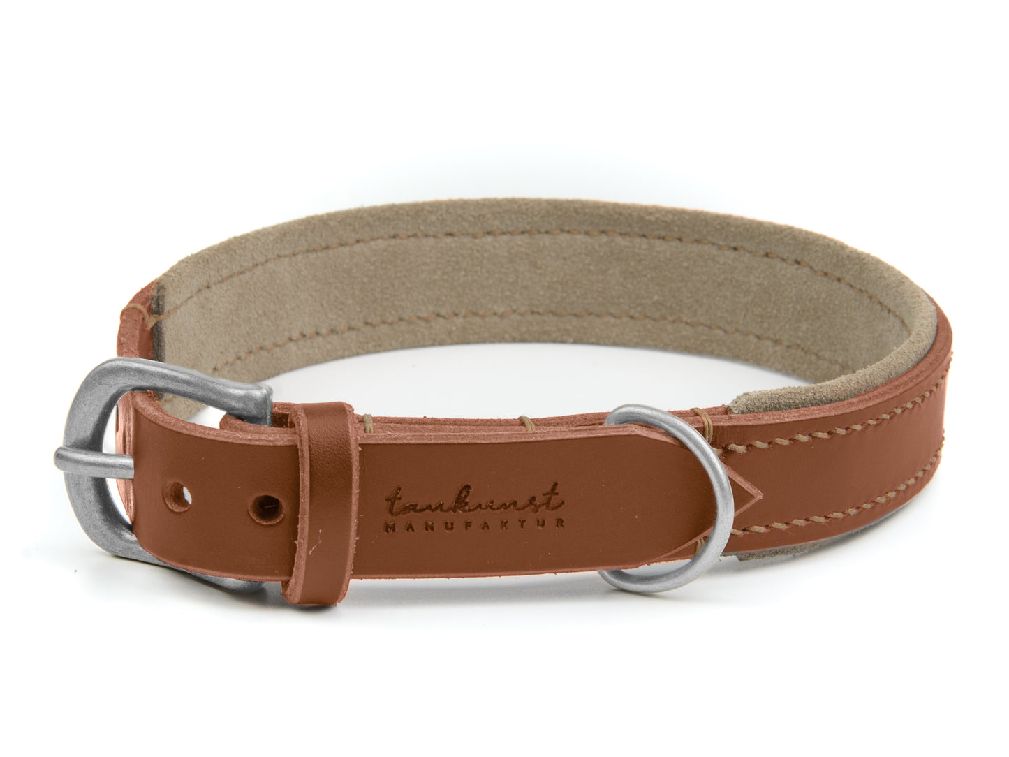 Lederhalsband Bella für Hunde in Braun mit Sattlernaht Beige Silber Lederhalsband Bella für Hunde in Braun mit Sattlernaht Beige Silber
