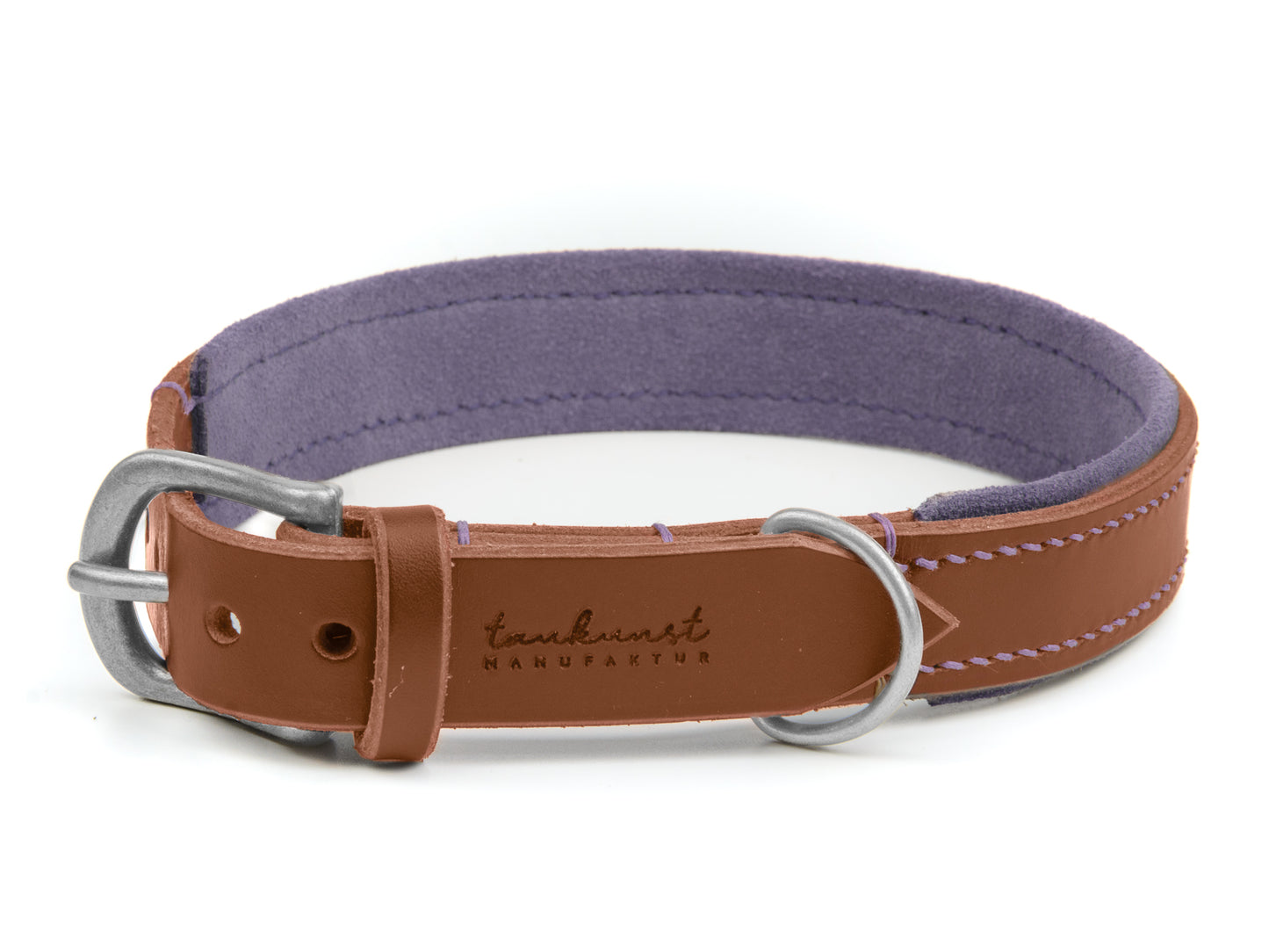 Lederhalsband Bella für Hunde in Braun mit Sattlernaht Lavendel Silber Lederhalsband Bella für Hunde in Braun mit Sattlernaht Lavendel Silber