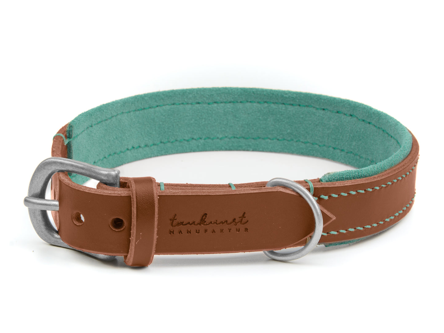 Lederhalsband Bella für Hunde in Braun mit Sattlernaht Mint Silber Lederhalsband Bella für Hunde in Braun mit Sattlernaht Mint Silber