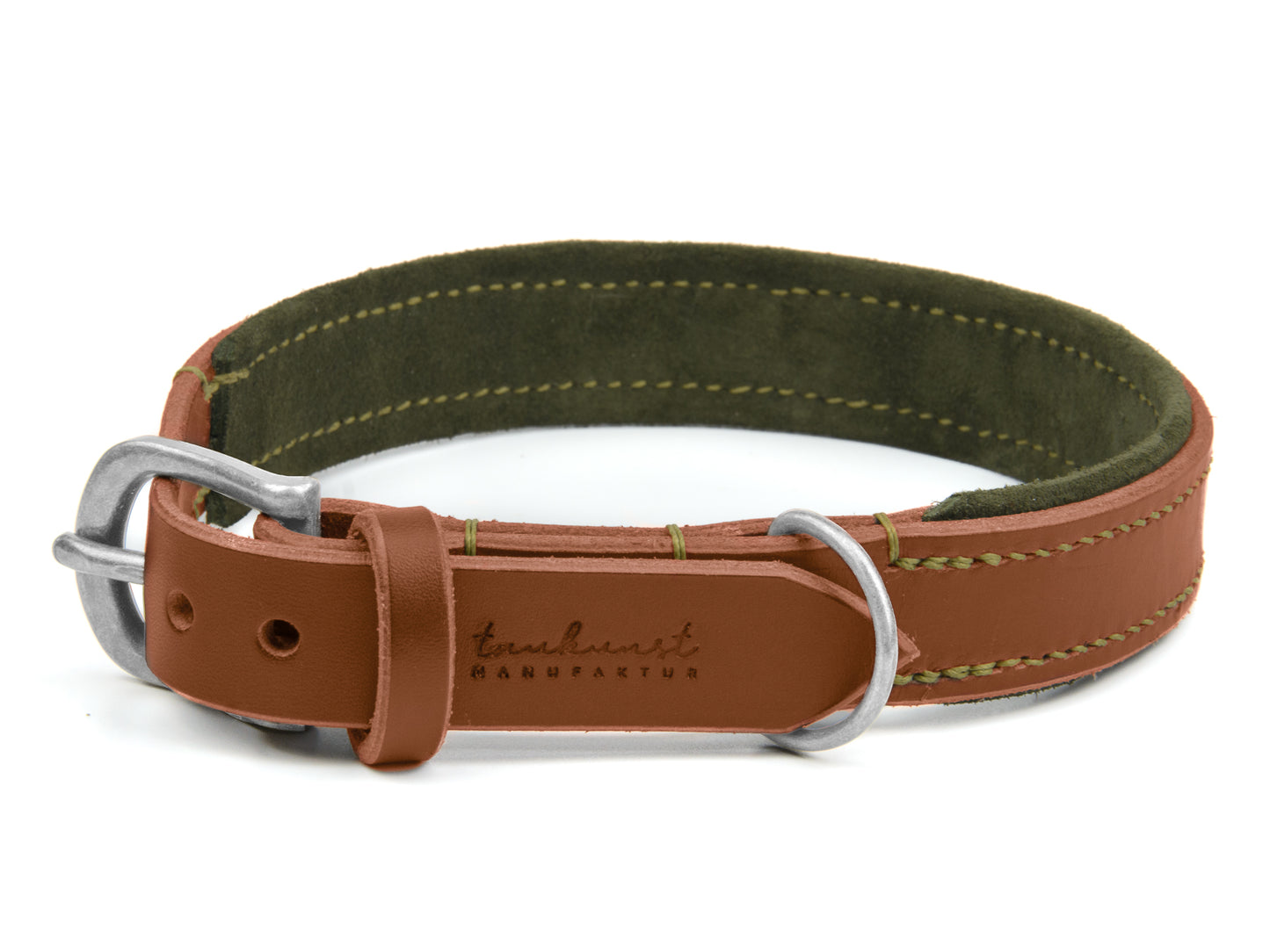 Lederhalsband Bella für Hunde in Braun mit Sattlernaht Oliv Silber Lederhalsband Bella für Hunde in Braun mit Sattlernaht Oliv Silber