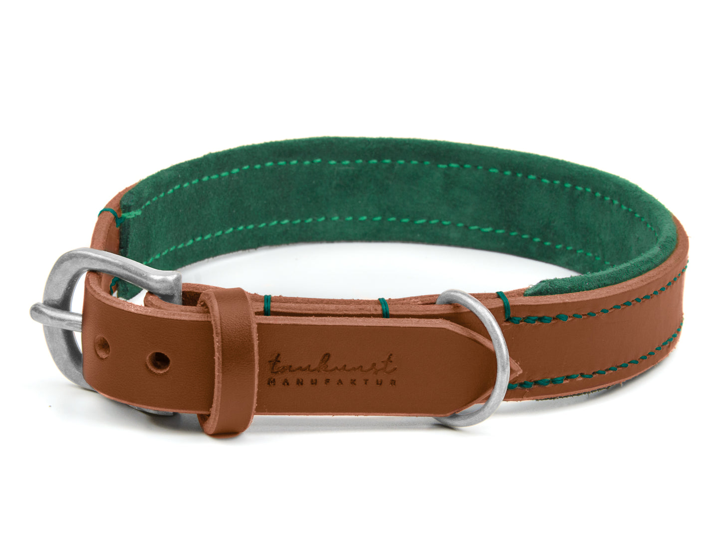 Lederhalsband Bella für Hunde in Braun mit Sattlernaht Waldgrün Silber Lederhalsband Bella für Hunde in Braun mit Sattlernaht Waldgrün Silber