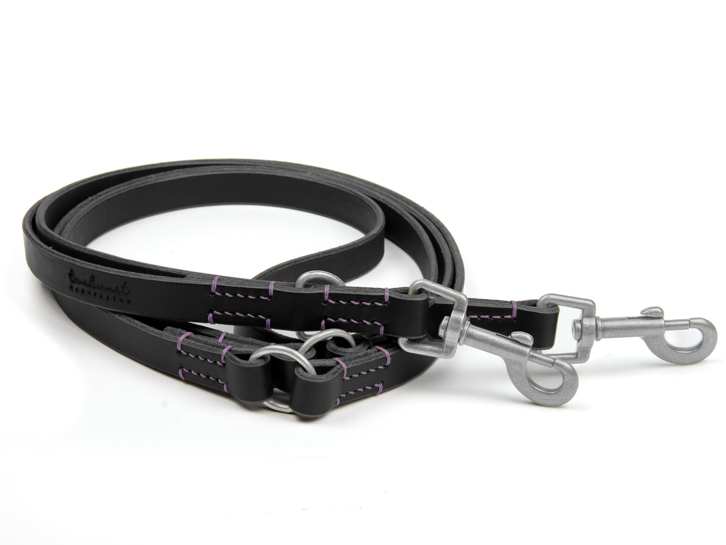 Lederleine Carla für Hunde Schwarz mit Sattlernaht in Lavendel Silber Hundeleine aus Leder - Lederleine Carla für Hunde Schwarz mit Sattlernaht in Lavendel Silber