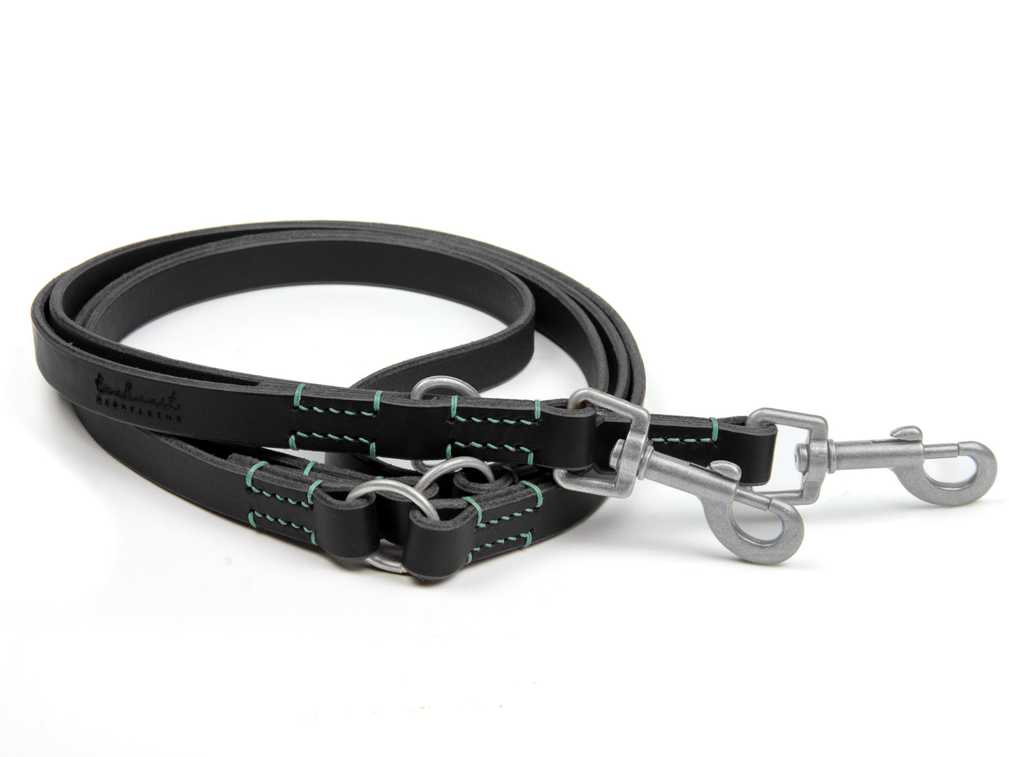 Lederleine Carla für Hunde Schwarz mit Sattlernaht in Mint Silber Hundeleine aus Leder - Lederleine Carla für Hunde Schwarz mit Sattlernaht in Mint Silber