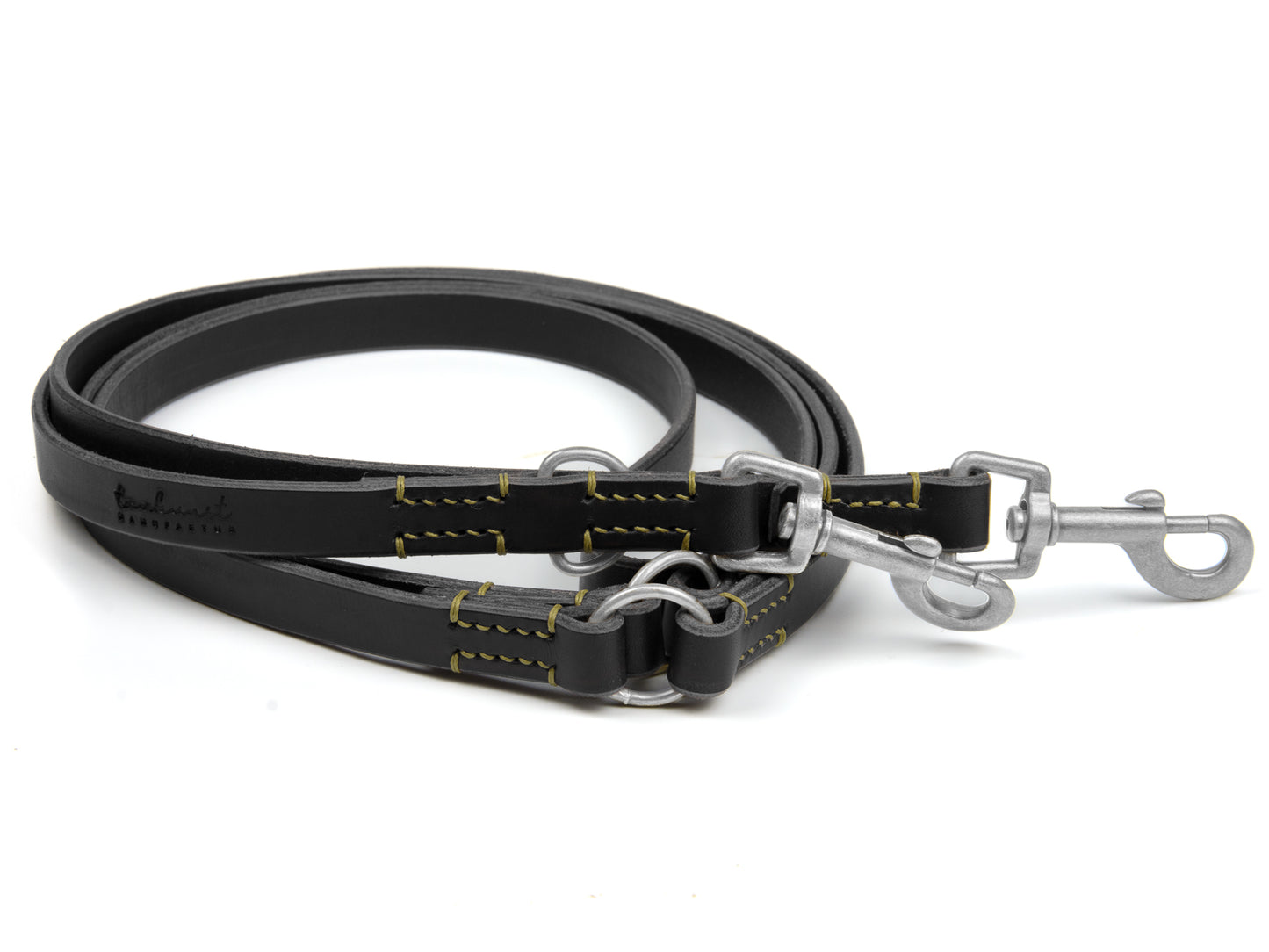 Lederleine Carla für Hunde Schwarz mit Sattlernaht in Oliv Silber Hundeleine aus Leder - Lederleine Carla für Hunde Schwarz mit Sattlernaht in Oliv Silber