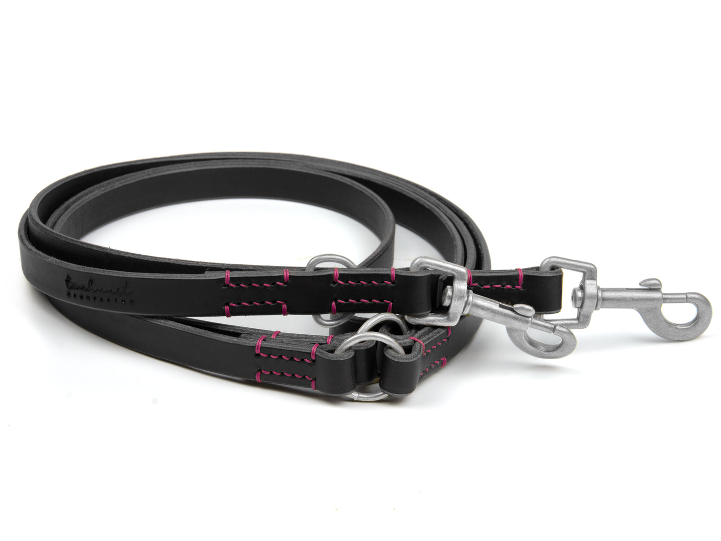 Lederleine Carla für Hunde Schwarz mit Sattlernaht in Pink Silber Hundeleine aus Leder - Lederleine Carla für Hunde Schwarz mit Sattlernaht in Pink Silber