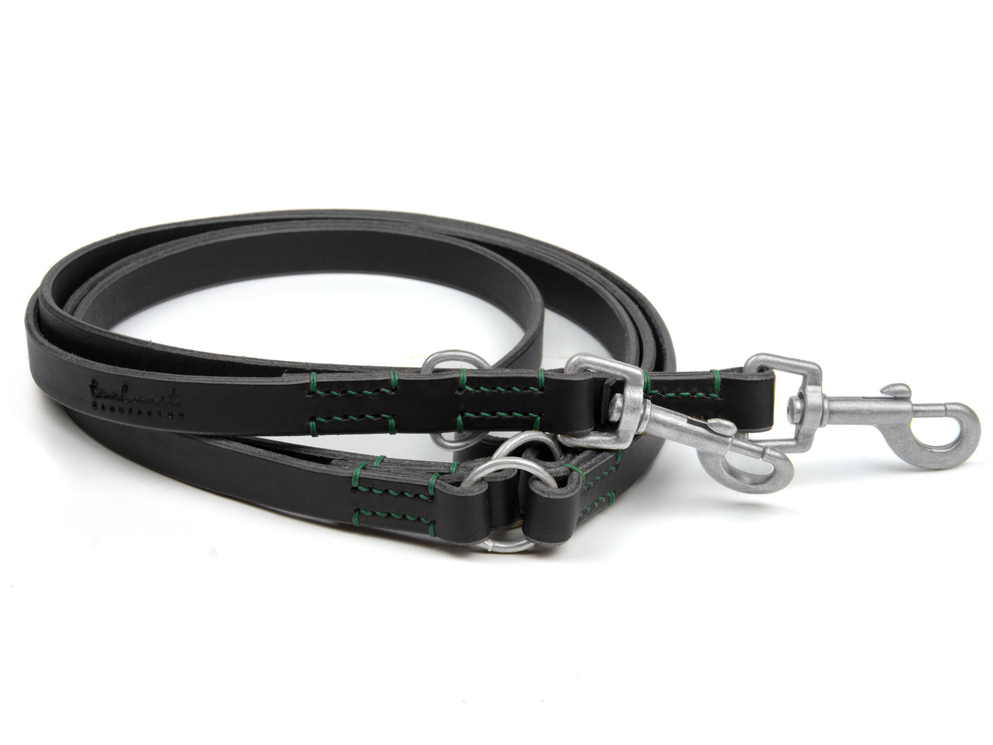 Lederleine Carla für Hunde Schwarz mit Sattlernaht in Waldgrün Silber Hundeleine aus Leder - Lederleine Carla für Hunde Schwarz mit Sattlernaht in Waldgrün Silber