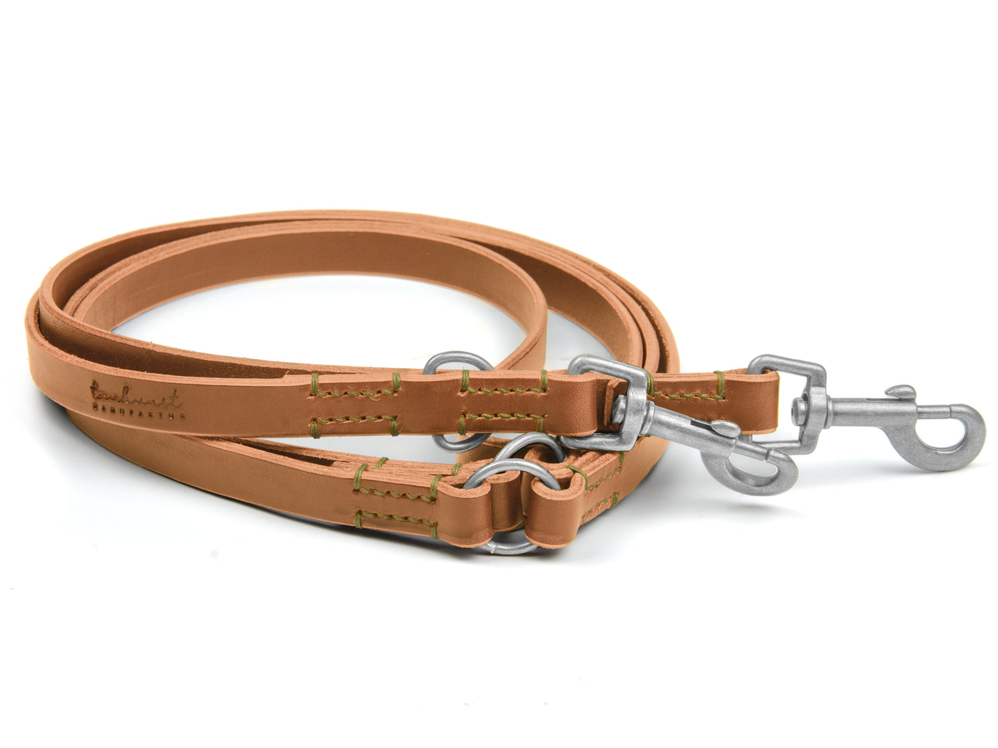 Lederleine Fiona für Hunde Cognac mit Sattlernaht in Oliv Silber Hundeleine aus Leder - Lederleine Fiona für Hunde Cognac mit Sattlernaht in Oliv Silber