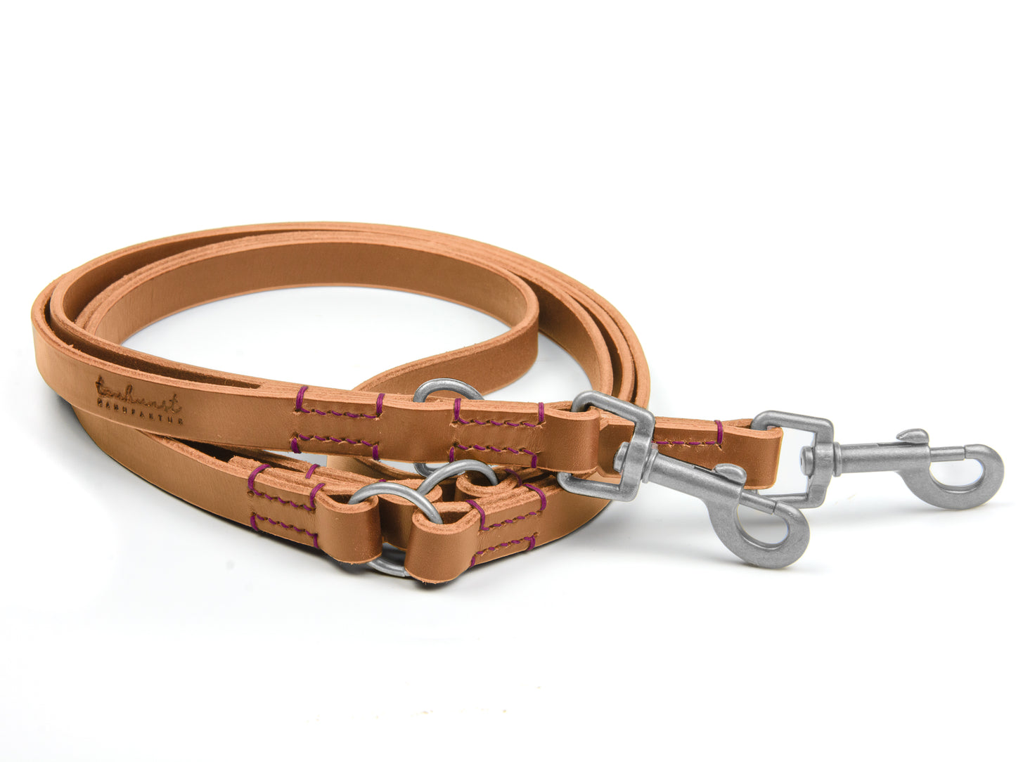 Lederleine Fiona für Hunde Cognac mit Sattlernaht in Pink Silber Hundeleine aus Leder - Lederleine Fiona für Hunde Cognac mit Sattlernaht in Pink Silber