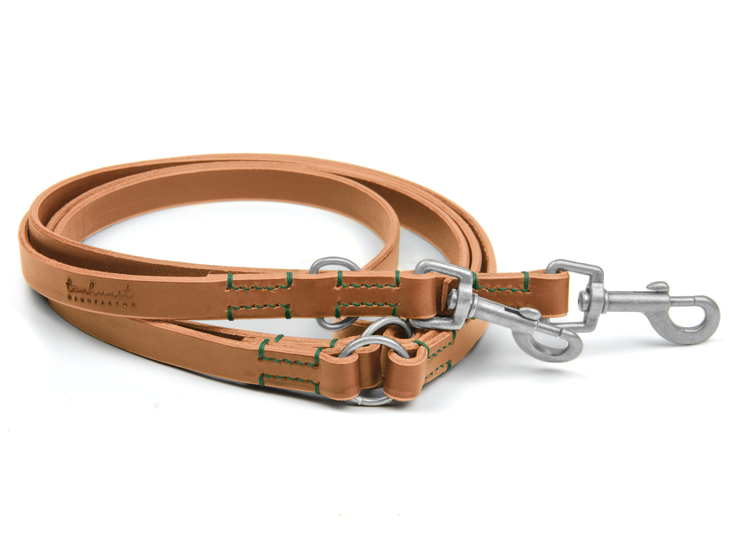 Lederleine Fiona für Hunde Cognac mit Sattlernaht in Waldgrün Silber Hundeleine aus Leder - Lederleine Fiona für Hunde Cognac mit Sattlernaht in Waldgrün Silber