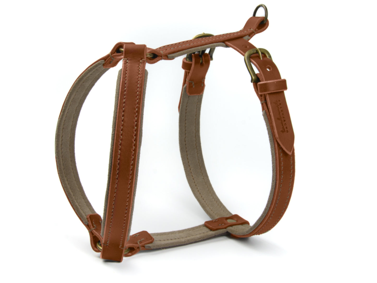 Hundegeschirr aus Leder in Braun gepolstert mit Wildleder in Beige mit Altmessing Beschlägen
