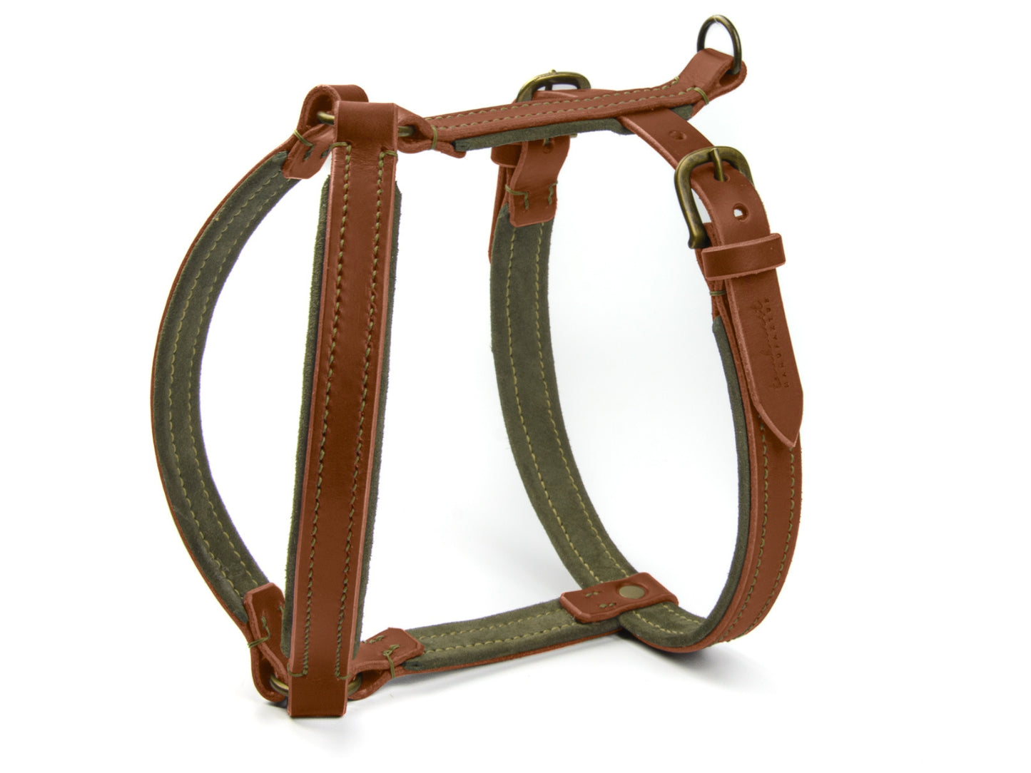 Hundegeschirr aus Leder in Braun gepolstert mit Wildleder in Oliv mit Altmessing Beschlägen
