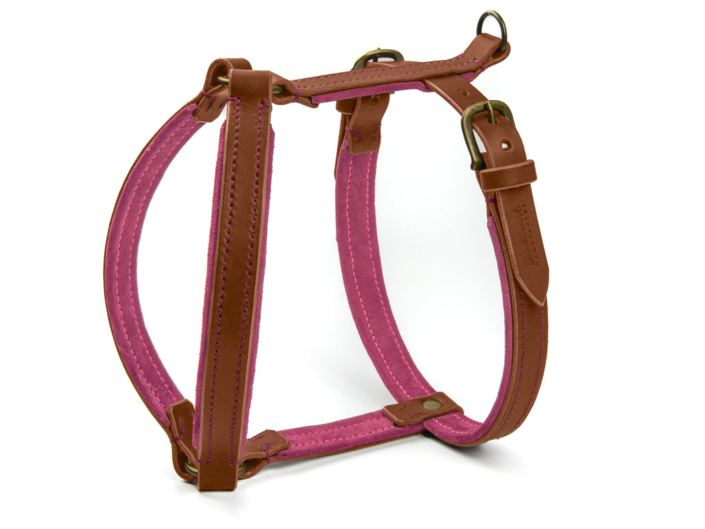 Hundegeschirr aus Leder in Braun gepolstert mit Wildleder in Pink mit Altmessing Beschlägen
