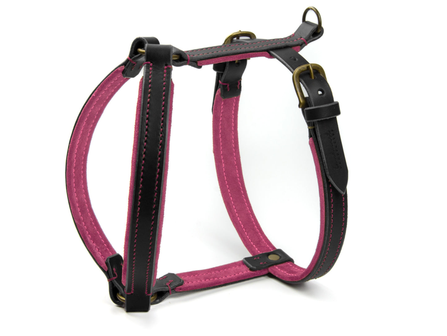 Gepolstertes Ledergeschirr Carla für Hunde in Schwarz mit Sattlernaht Wildleder Pink Vintage
