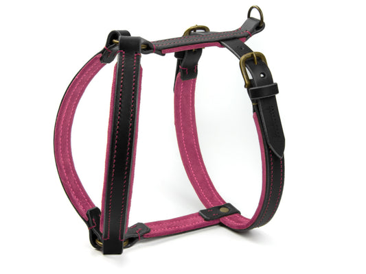 Gepolstertes Ledergeschirr Carla für Hunde in Schwarz mit Sattlernaht Wildleder Pink Vintage
