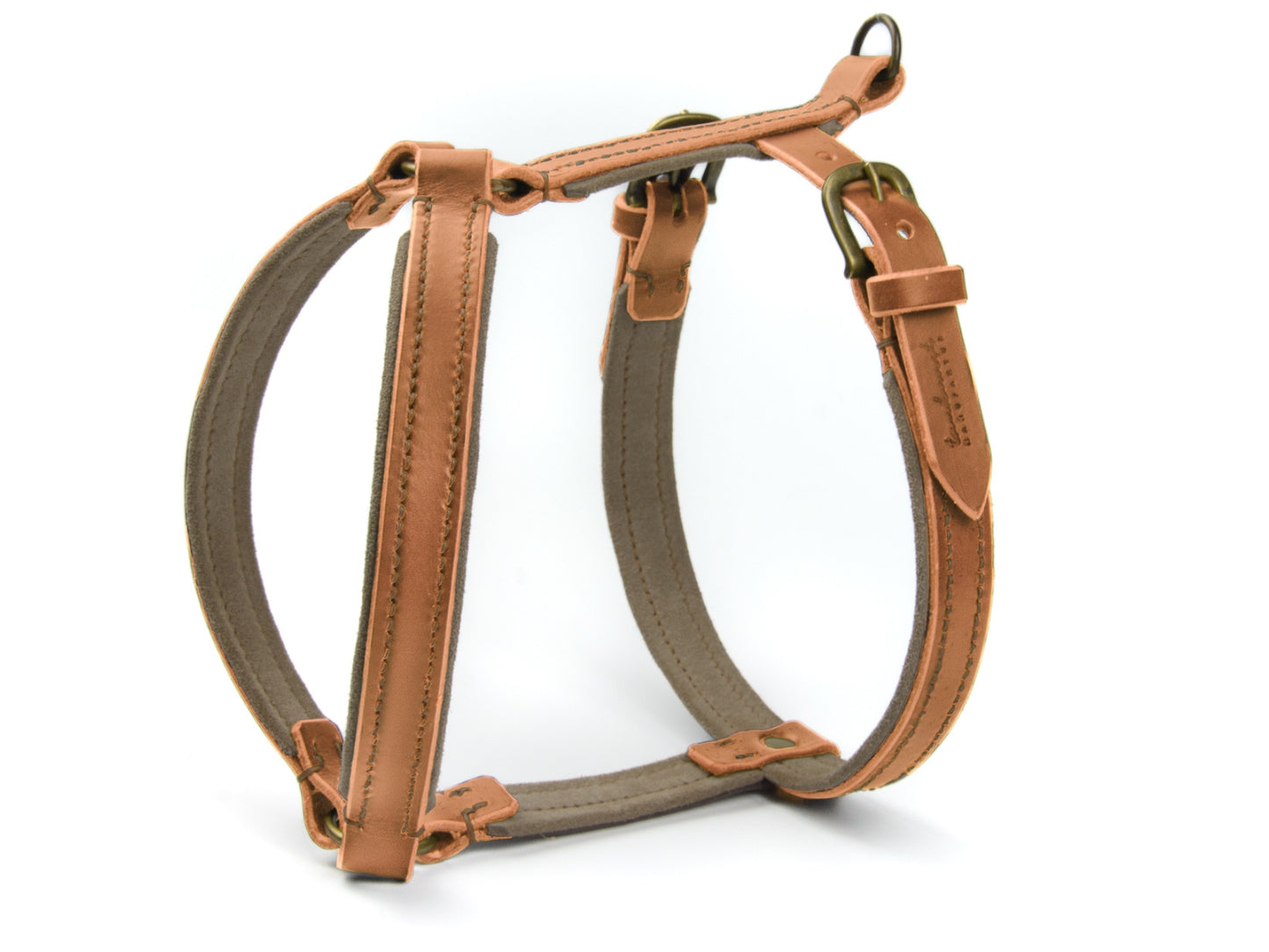 Gepolstertes Ledergeschirr Fiona für Hunde in Cognac mit Sattlernaht Wildleder Beige Vintage
