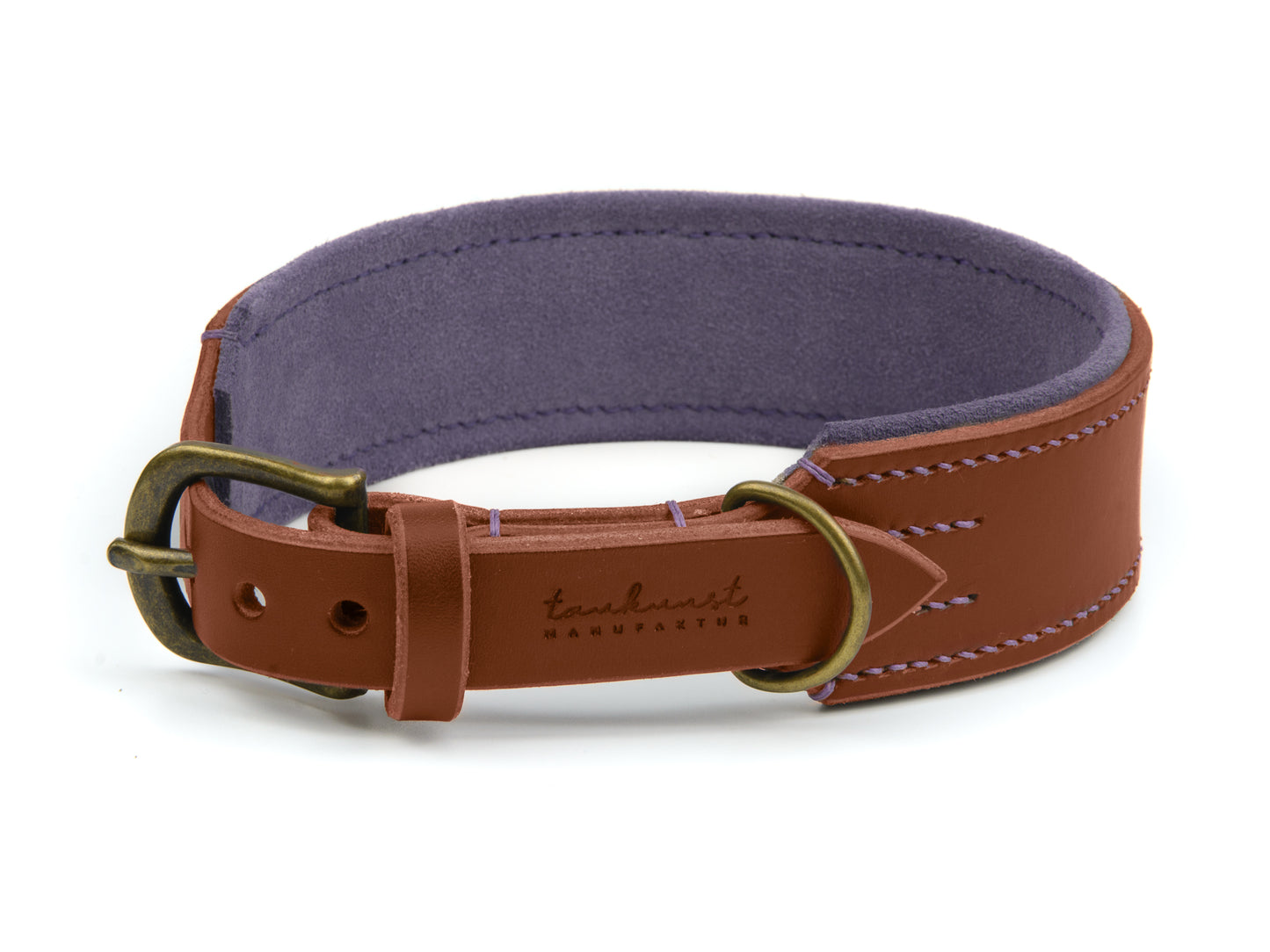 Breites Lederhalsband Bella für Hunde in Braun mit Sattlernaht Lavendel Vintage
