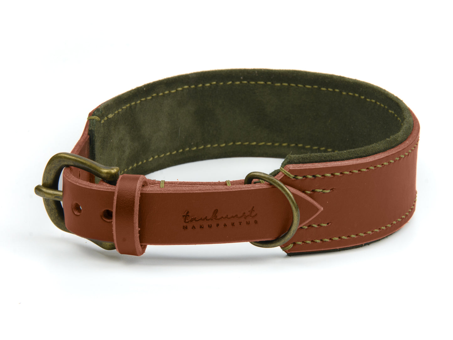 Breites Lederhalsband Bella für Hunde in Braun mit Sattlernaht Oliv Vintage
