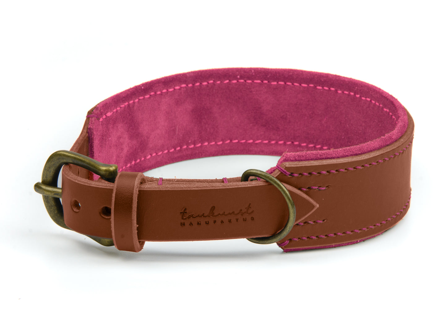Breites Lederhalsband Bella für Hunde in Braun mit Sattlernaht Pink Vintage
