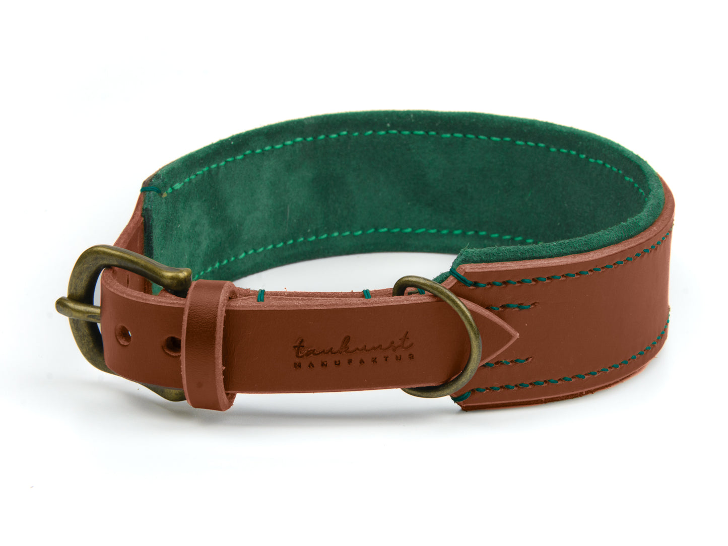 Breites Lederhalsband Bella für Hunde in Braun mit Sattlernaht Waldgrün Vintage
