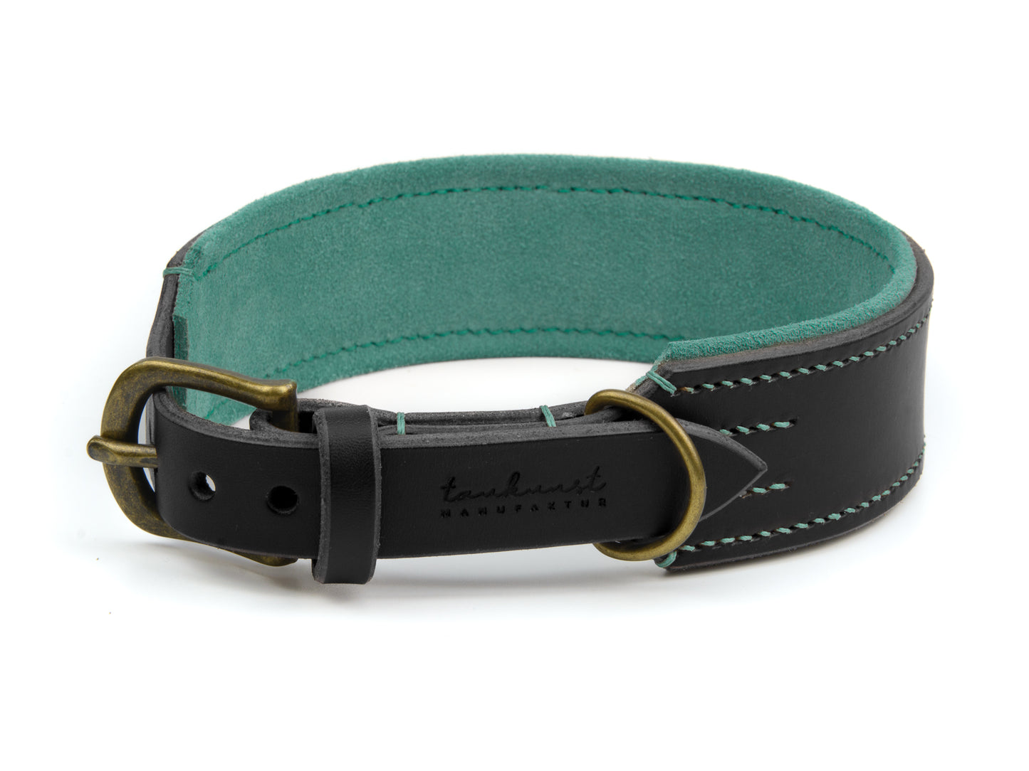 Breites Lederhalsband Carla für Hunde in Schwarz mit Sattlernaht Mint Vintage

