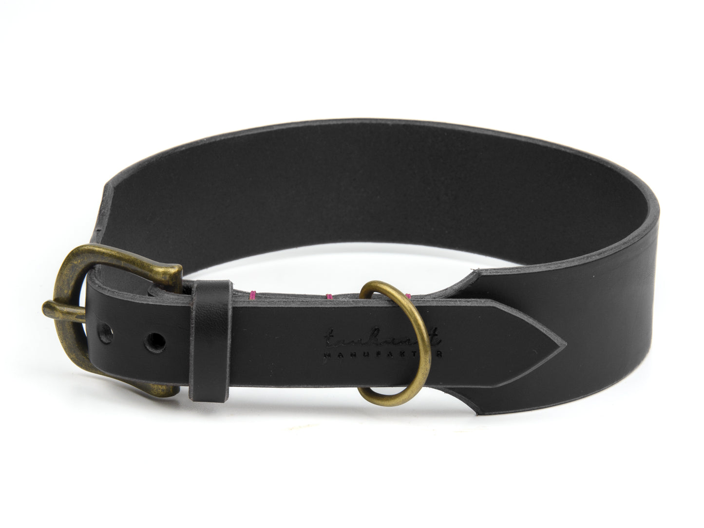 Breites Lederhalsband Carla für Hunde in Schwarz mit Sattlernaht Pink Vintage
