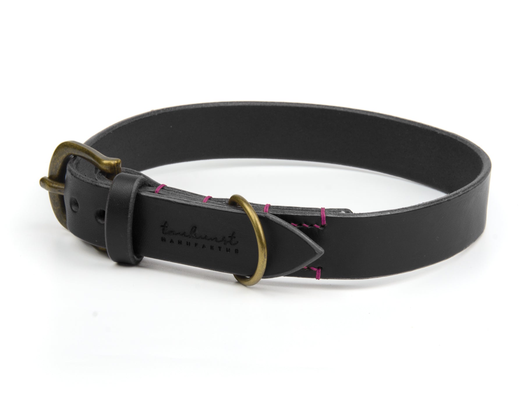 Lederhalsband Carla für Hunde Schwarz mit Sattlernaht in Pink Vintage