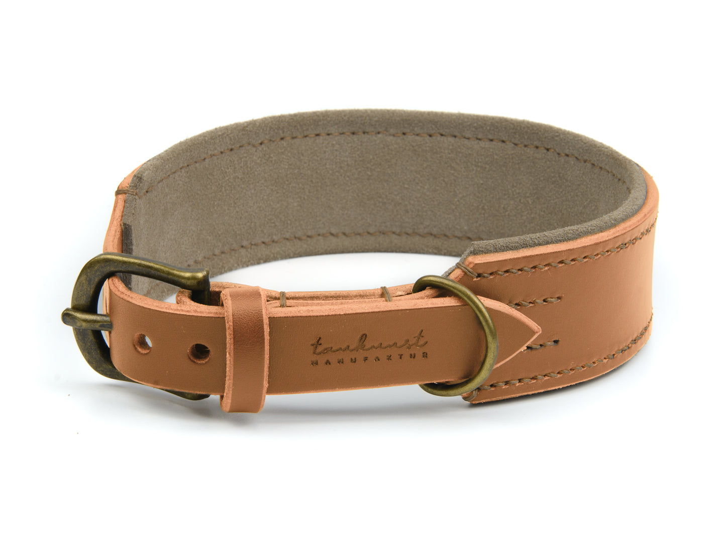 Breites Lederhalsband Fiona für Hunde in Cognac mit Sattlernaht Beige Vintage
