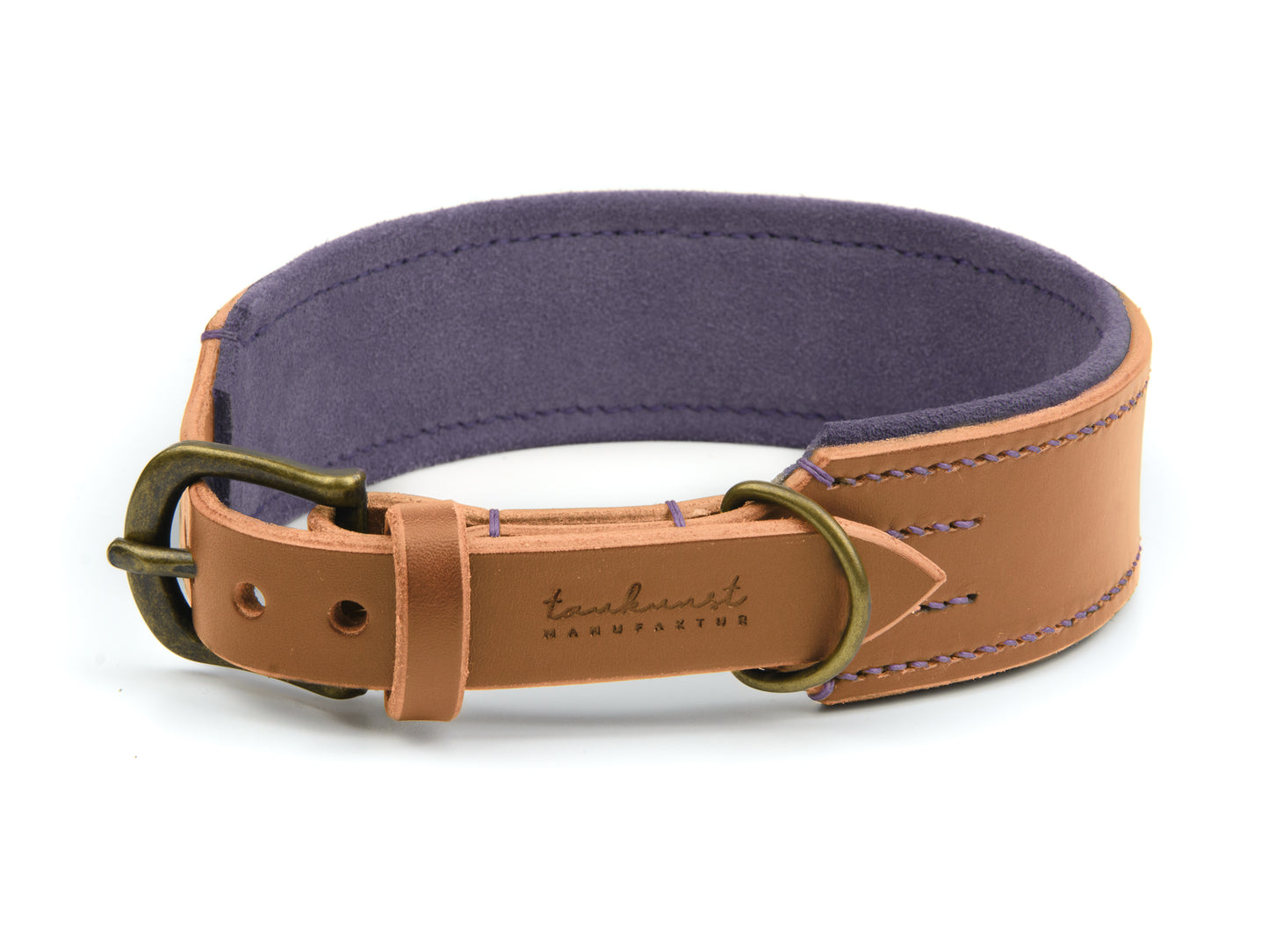 Breites Lederhalsband Fiona für Hunde in Cognac mit Sattlernaht Lavendel Vintage
