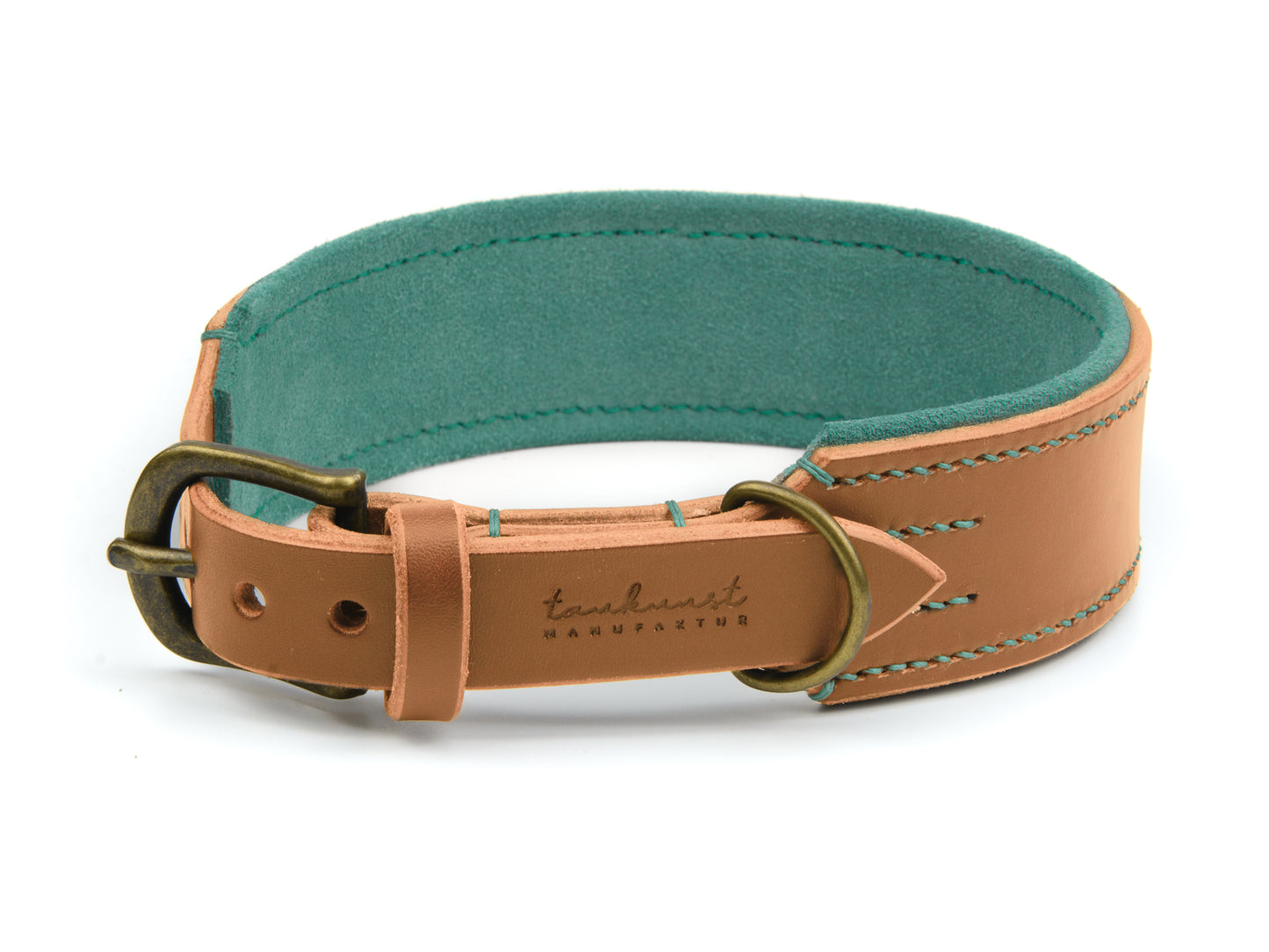 Breites Lederhalsband Fiona für Hunde in Cognac mit Sattlernaht Mint Vintage
