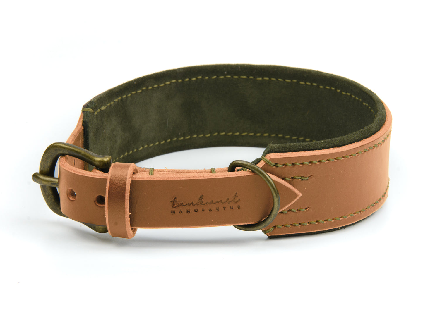 Breites Lederhalsband Fiona für Hunde in Cognac mit Sattlernaht Oliv Vintage
