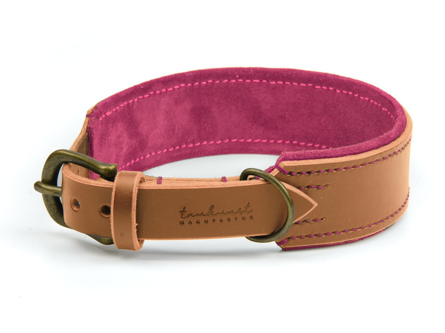 Breites Lederhalsband Fiona für Hunde in Cognac mit Sattlernaht Pink Vintage
