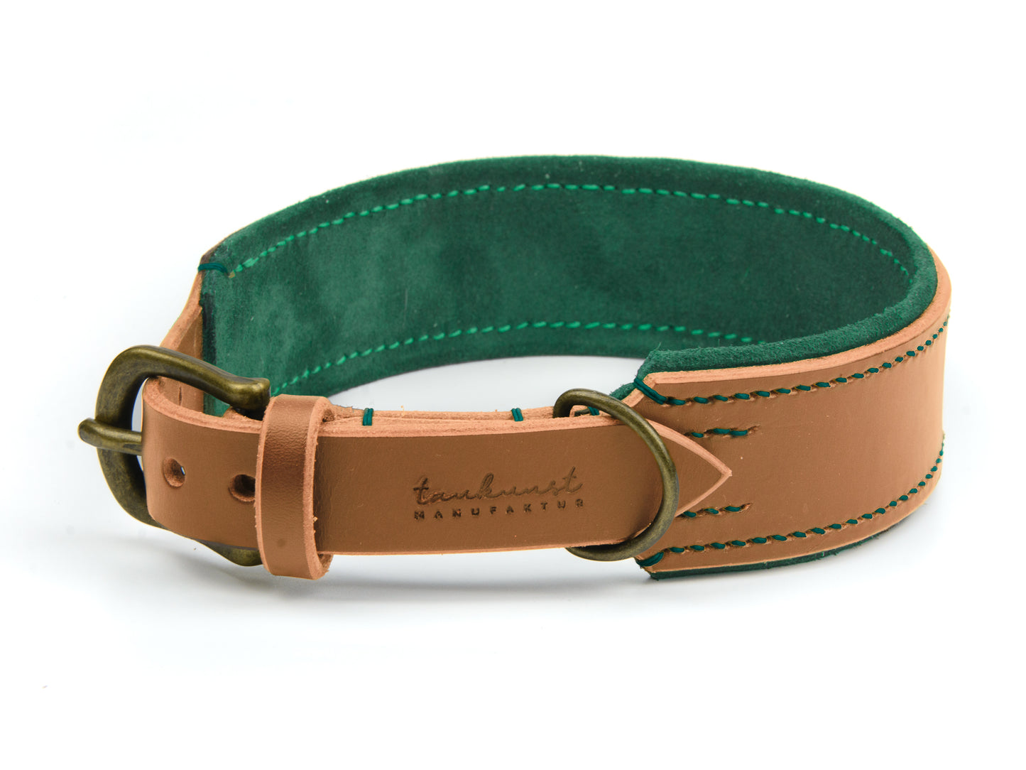 Breites Lederhalsband Fiona für Hunde in Cognac mit Sattlernaht Waldgrün Vintage
