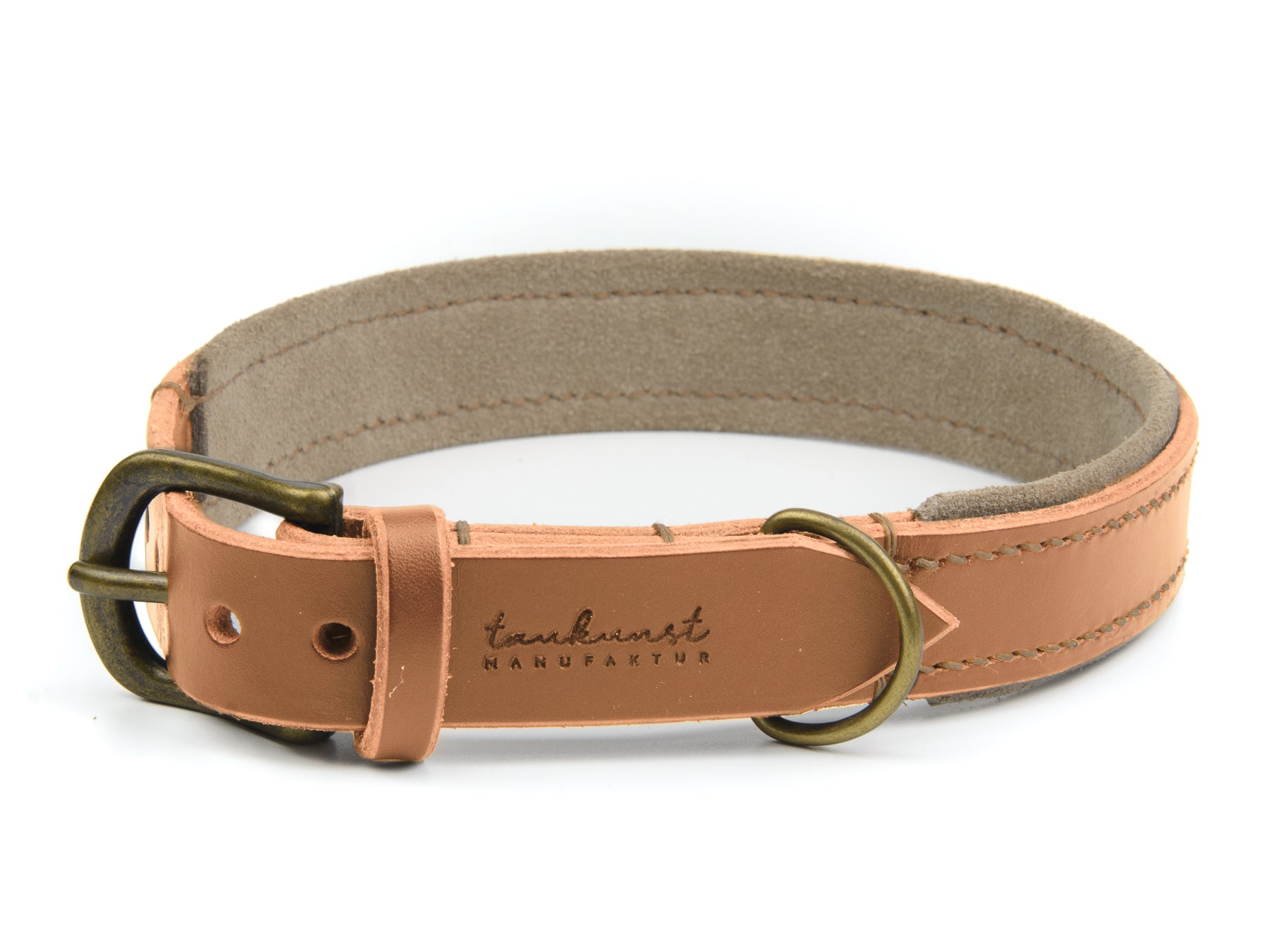 Lederhalsband Fiona für Hunde in Cognac mit Sattlernaht Beige Vintage