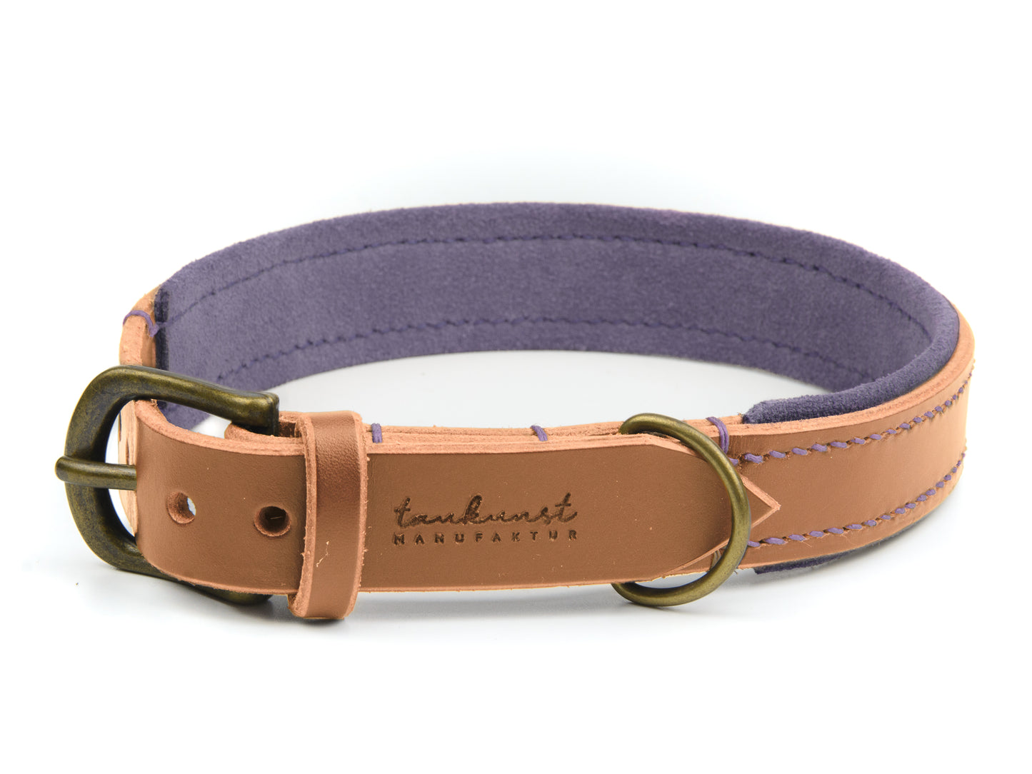 Lederhalsband Fiona für Hunde in Cognac mit Sattlernaht Lavendel Vintage
