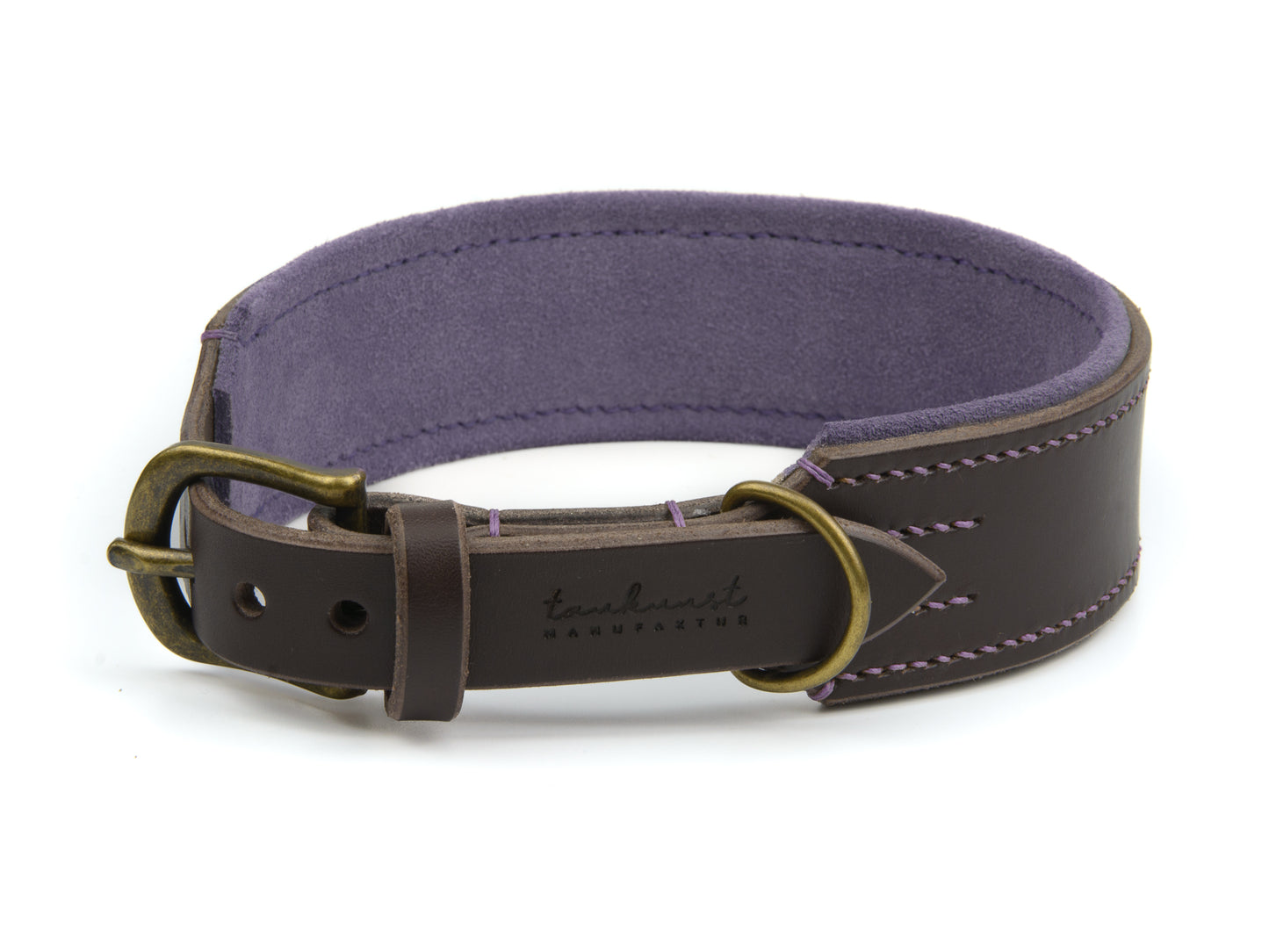 Breites Lederhalsband Wilma für Hunde in Dunkelbraun mit Sattlernaht Lavendel Vintage
