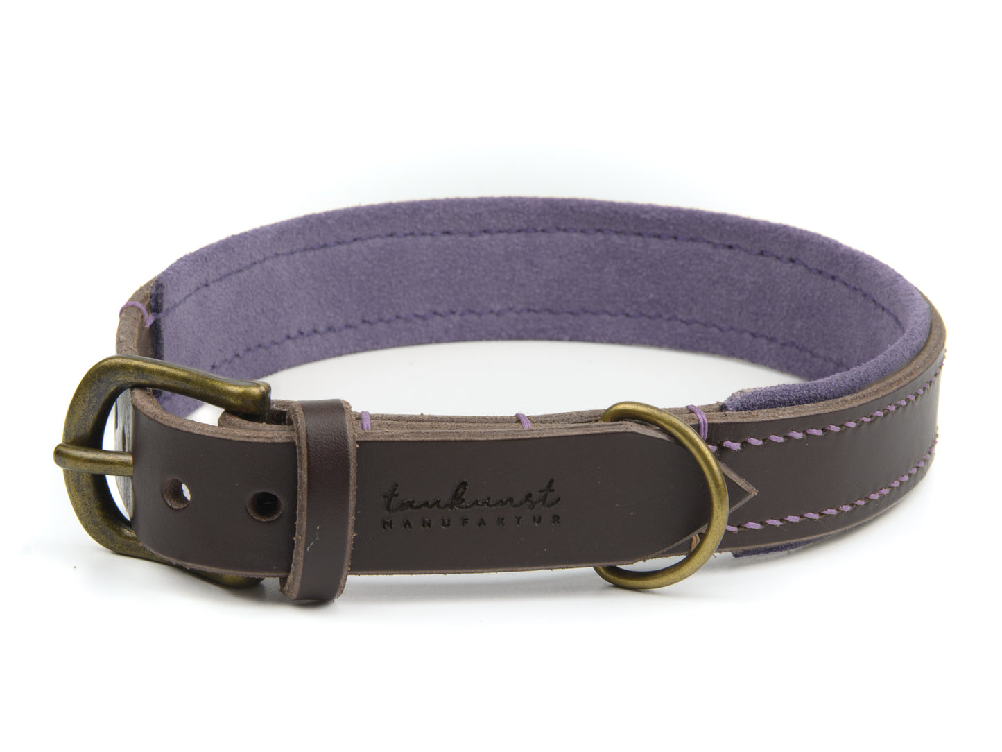 Lederhalsband Wilma für Hunde in Dunkelbraun mit Sattlernaht Lavendel Vintage
