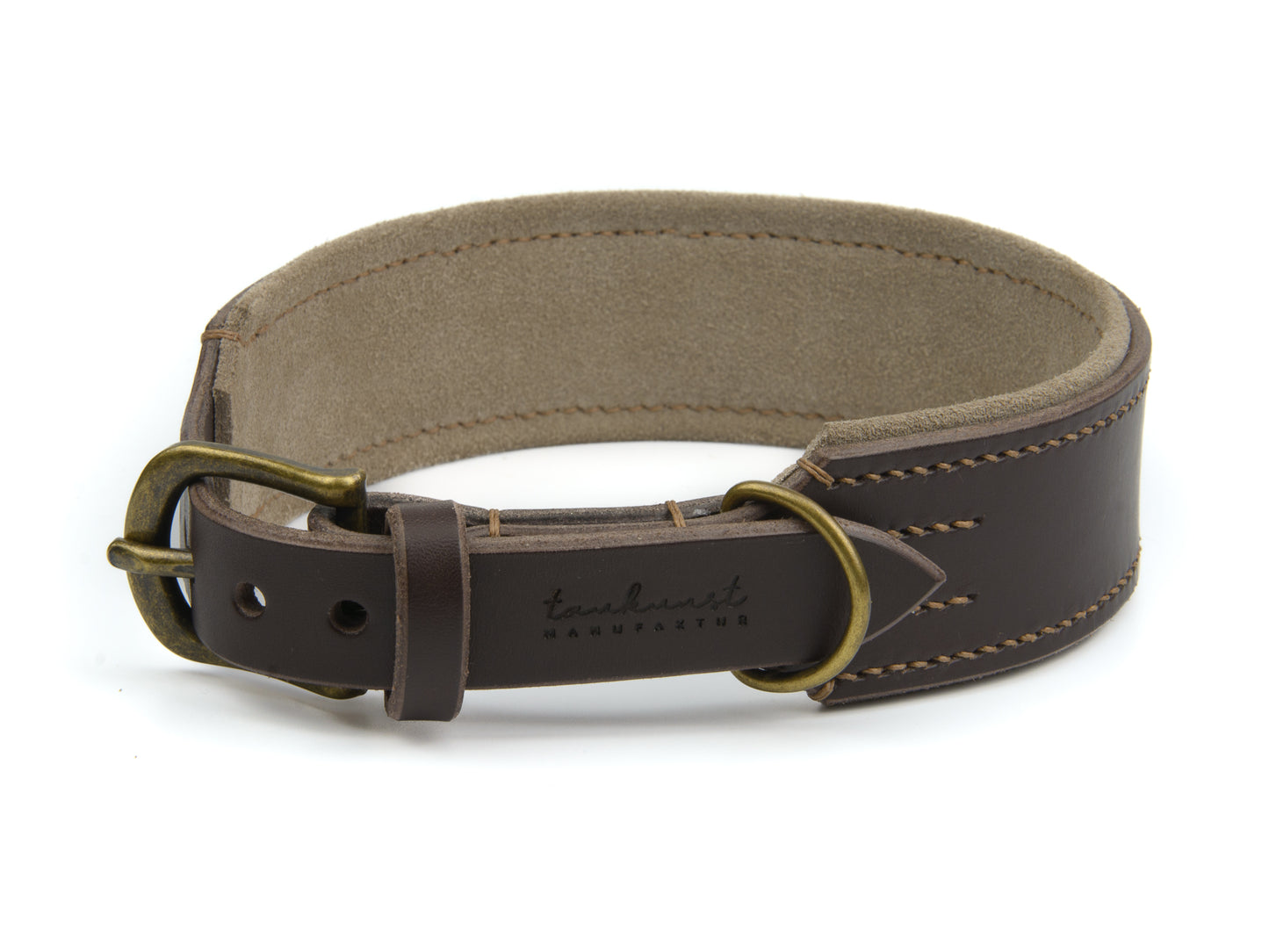 Breites Lederhalsband Wilma für Hunde in Dunkelbraun mit Sattlernaht Beige Vintage
