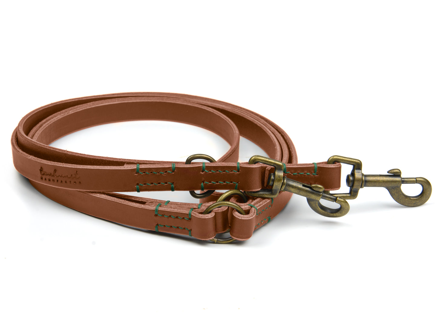 Hundeleine aus Leder - Lederleine Bella für Hunde Braun mit Sattlernaht in Waldgrün Vintage
