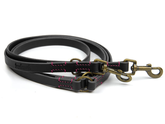 Hundeleine aus Leder - Lederleine Carla für Hunde Schwarz mit Sattlernaht in Pink Vintage
