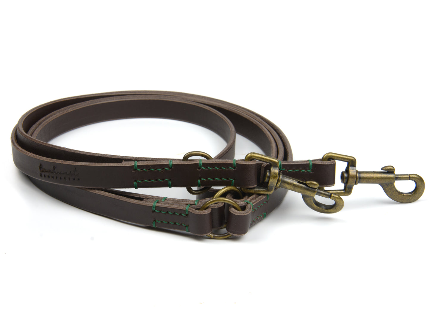 Hundeleine aus Leder - Lederleine Wilma für Hunde Dunkelbraun mit Sattlernaht in Waldgrün Vintage
