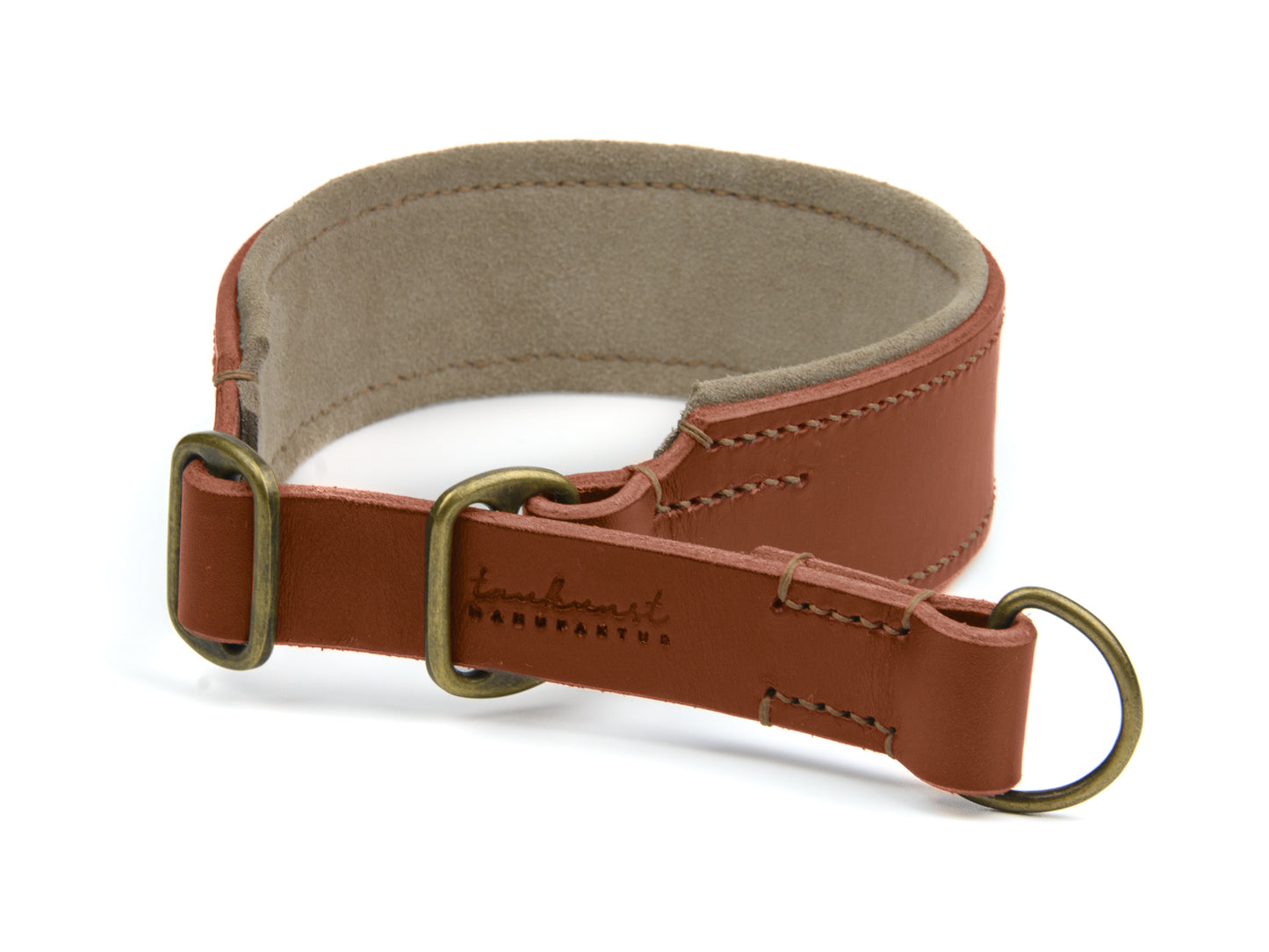 Breites Zugstopp Lederhalsband Bella für Hunde in braun mit Sattlernaht gepolstert Beige Vintage
