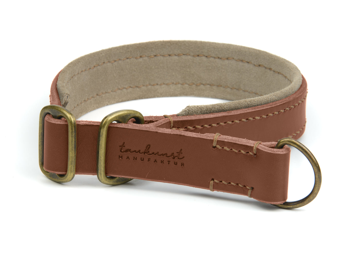 Zugstopp Lederhalsband Bella für Hunde in Braun mit Sattlernaht Beige Vintage
