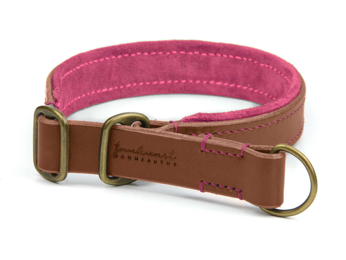 Zugstopp Lederhalsband Bella für Hunde in Braun mit Sattlernaht Pink Vintage
