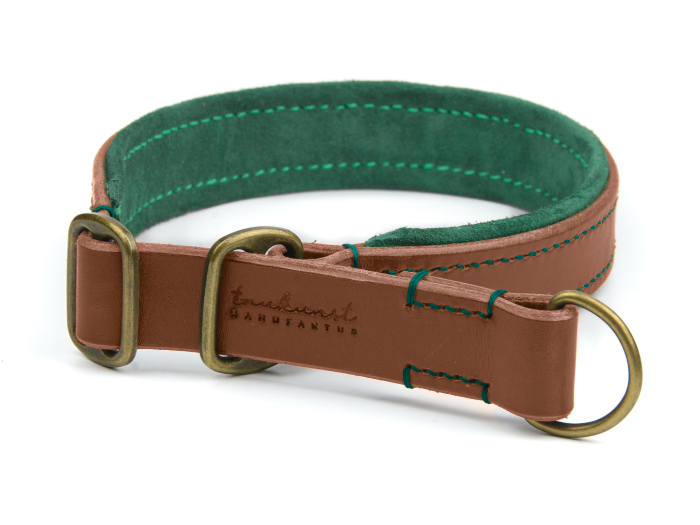 Zugstopp Lederhalsband Bella für Hunde in Braun mit Sattlernaht Waldgrün Vintage
