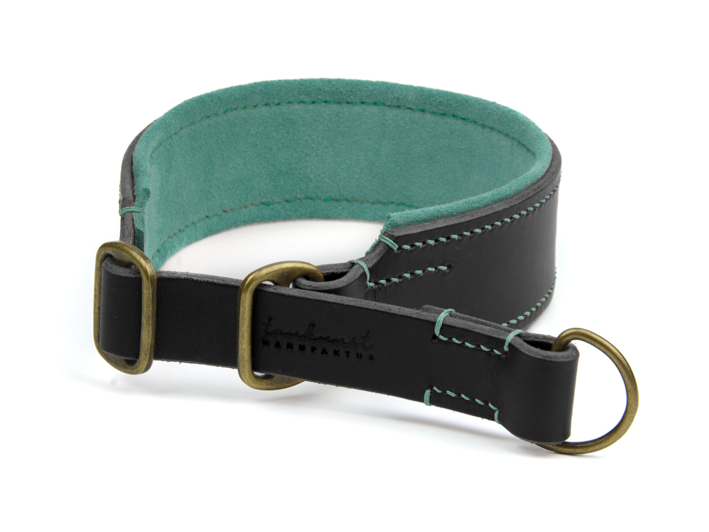 Breites Zugstopp Lederhalsband Carla für Hunde in schwarz mit Sattlernaht gepolstert Mint Vintage
