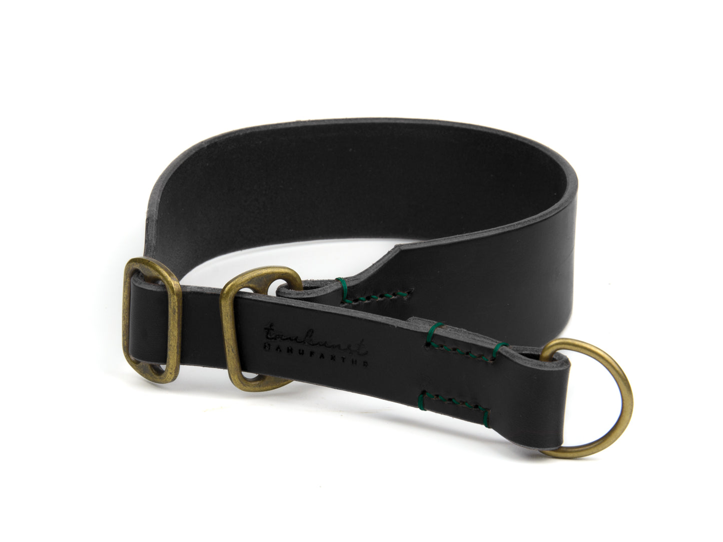 Breites Zugstopp Lederhalsband Carla für Hunde in Schwarz mit Sattlernaht Waldgrün Vintage
