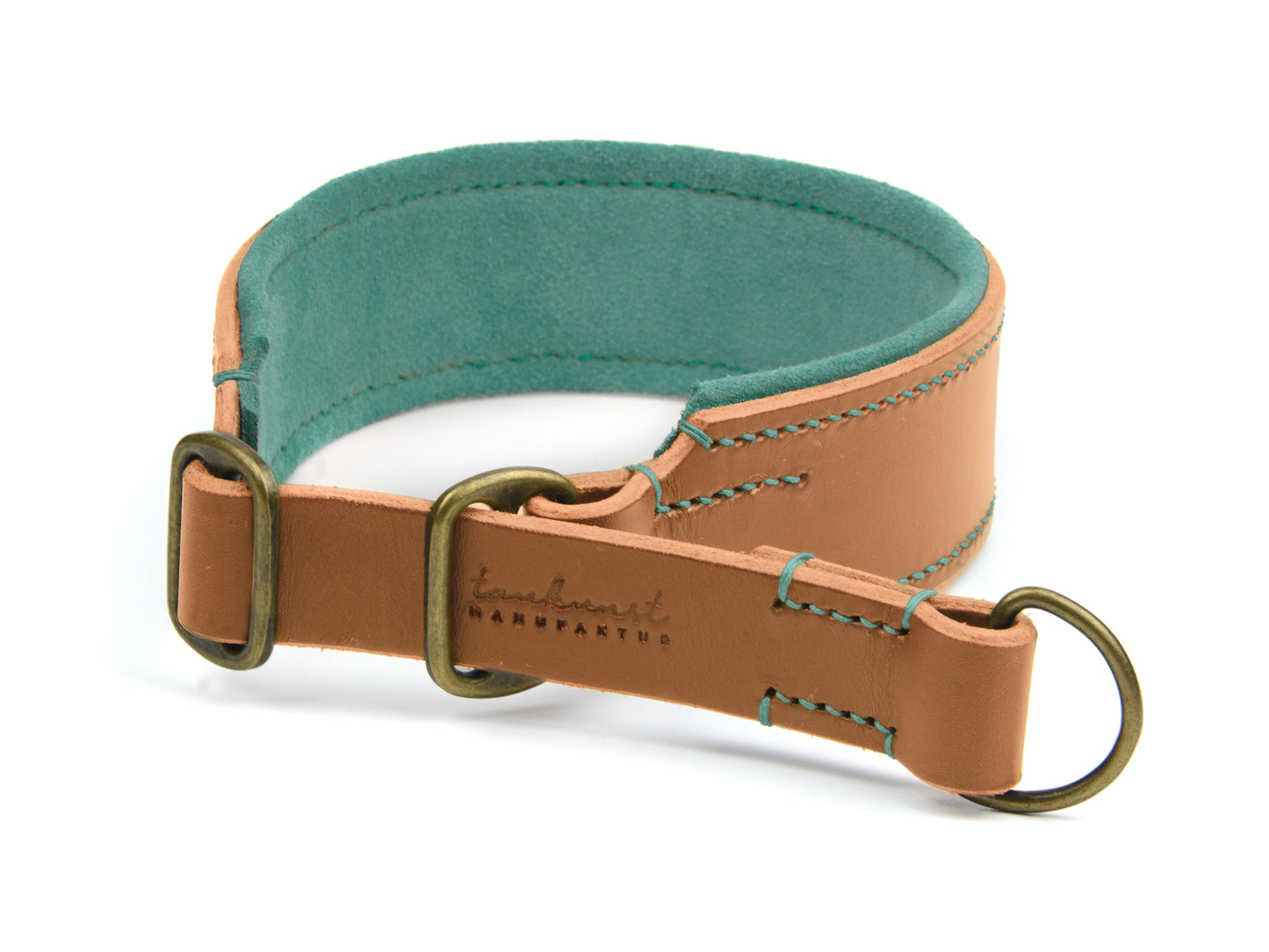 Breites Zugstopp Lederhalsband Fiona für Hunde in cognac mit Sattlernaht gepolstert Mint Vintage
