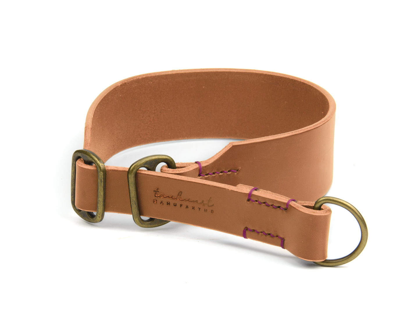 Breites Zugstopp Lederhalsband Fiona für Hunde in Cognac mit Sattlernaht Pink Vintage
