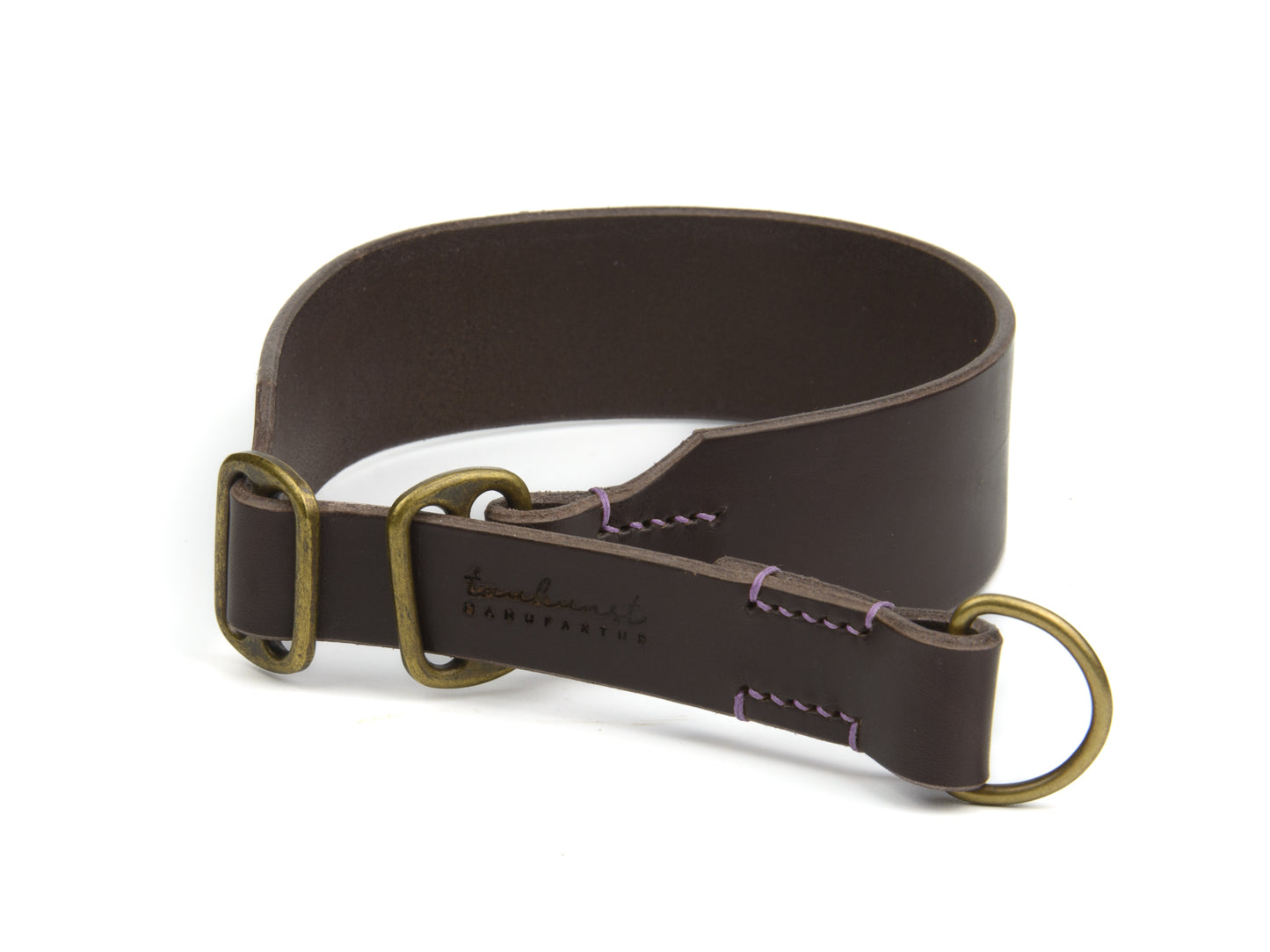 Breites Zugstopp Lederhalsband Wilma für Hunde in Dunkelbraun mit Sattlernaht Lavendel Vintage
